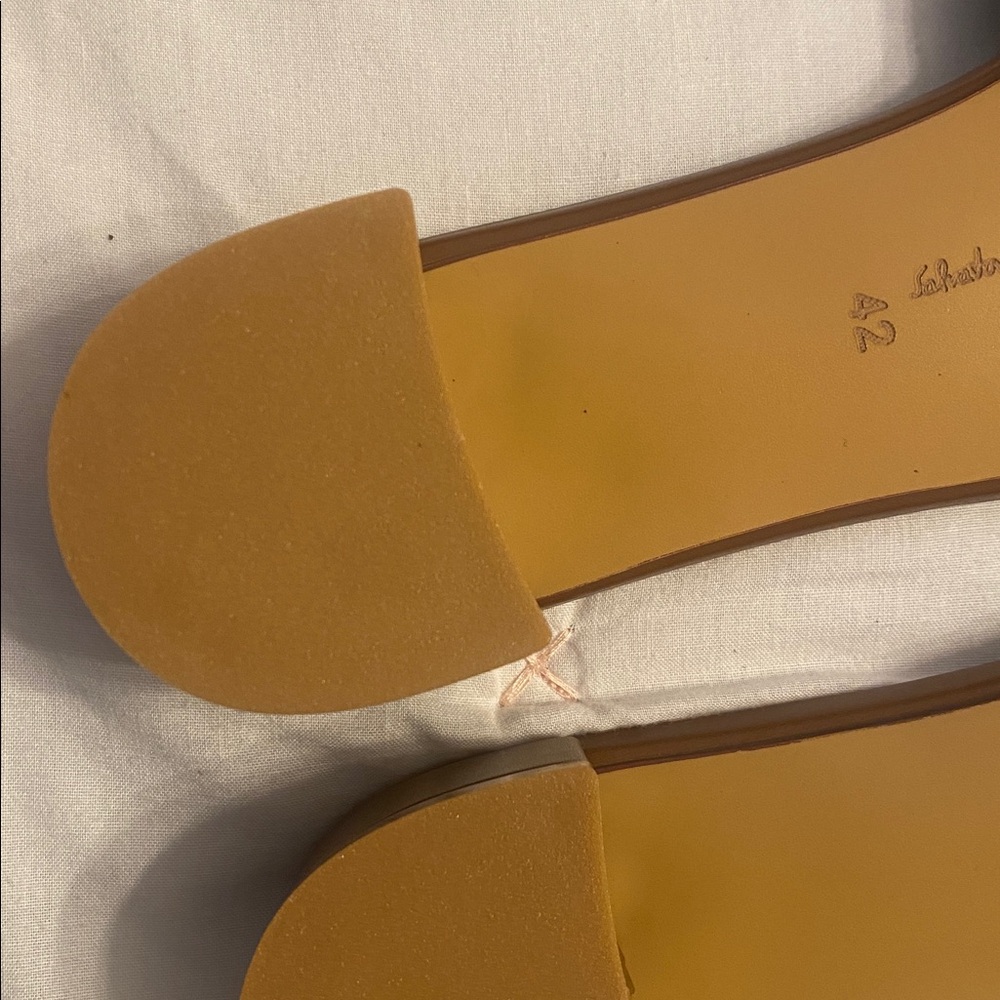 Salvatore Ferragamo Tan Leather Crystal Buckle Slide Mules - Picture 5 of 8